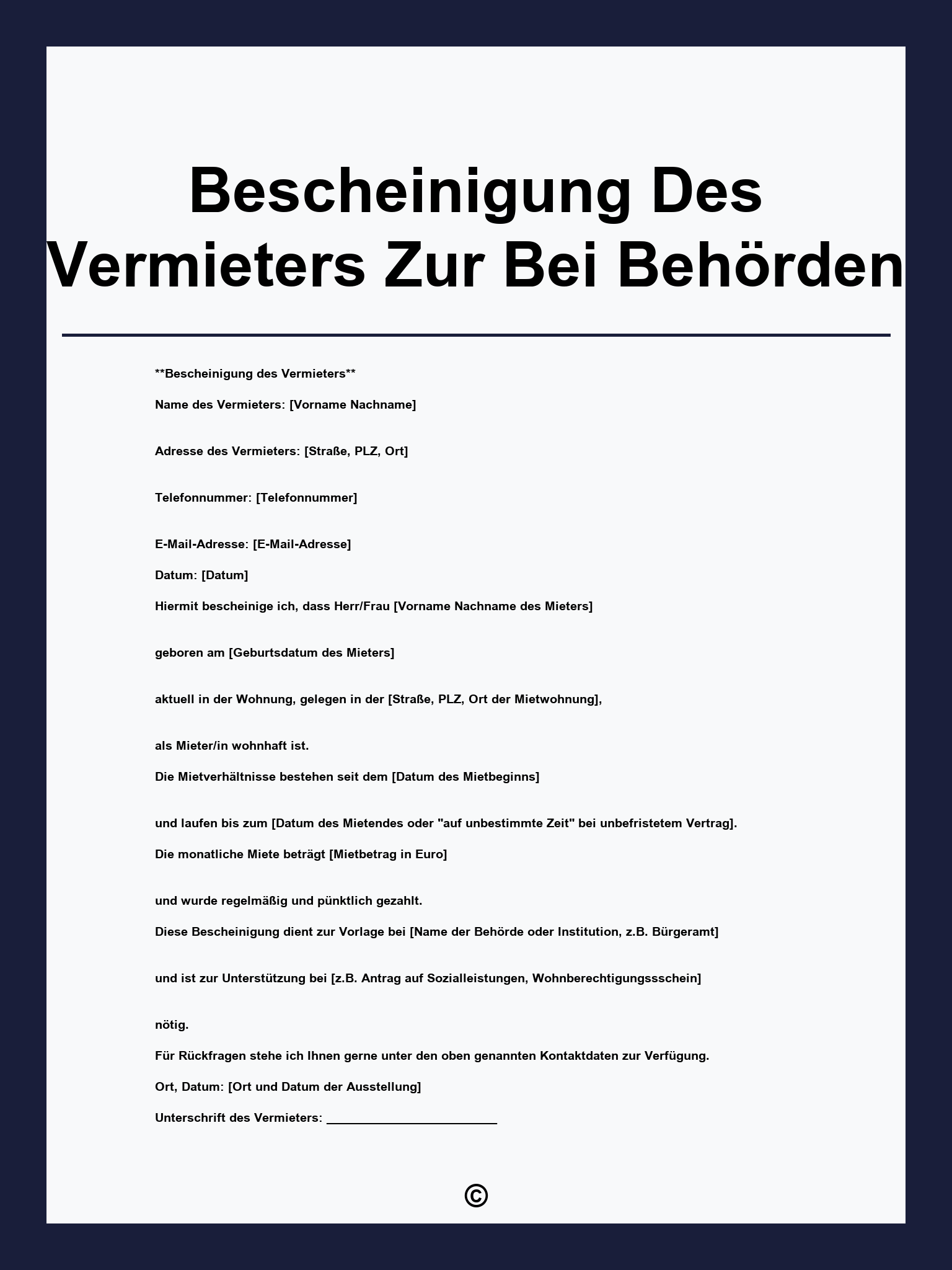 Bescheinigung Des Vermieters Zur Vorlage Bei Behörden