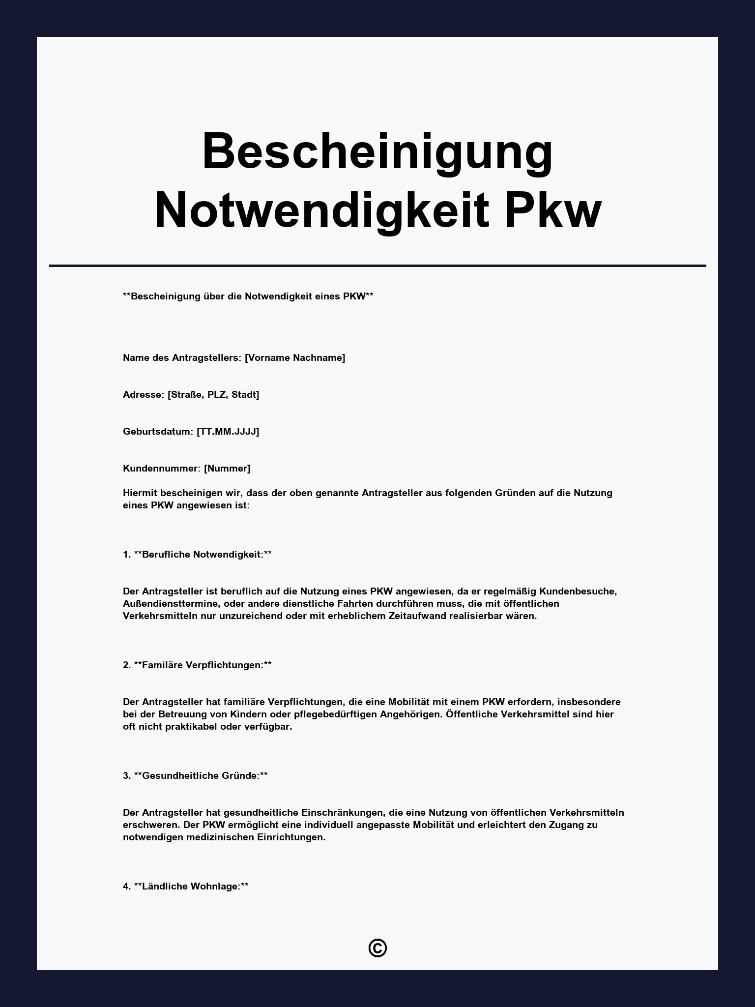 Bescheinigung Notwendigkeit Pkw