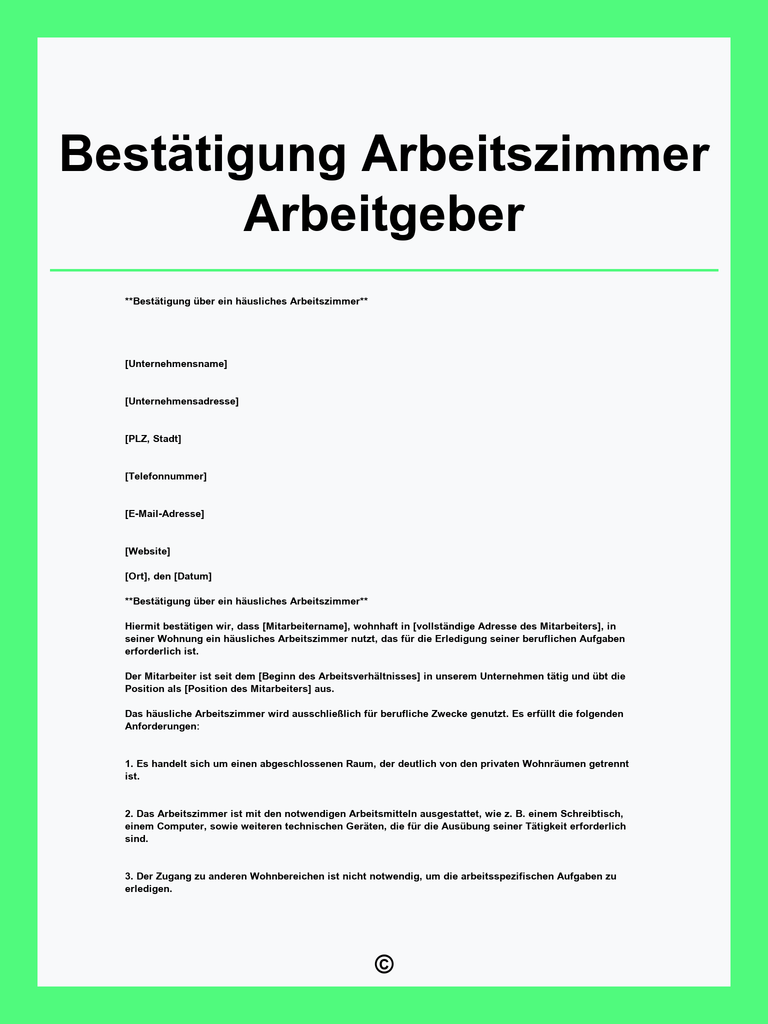 Bestätigung Arbeitszimmer Arbeitgeber