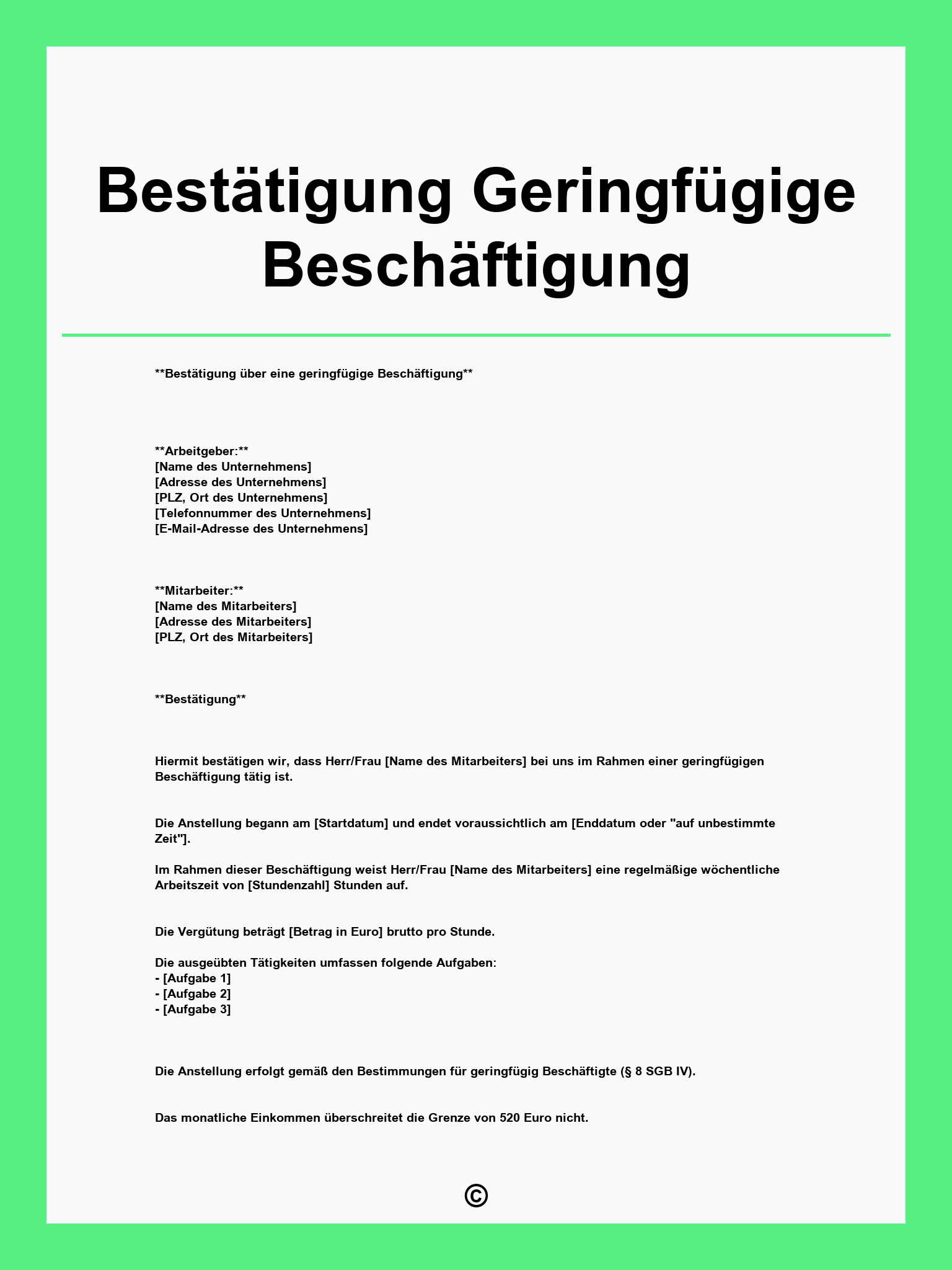 Bestätigung Geringfügige Beschäftigung Vorlage
