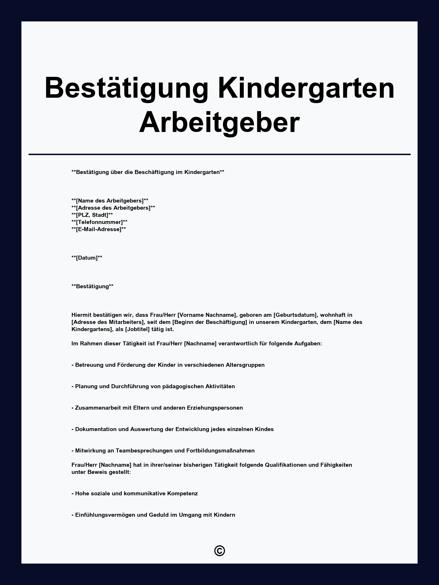 Bestätigung Kindergarten Arbeitgeber