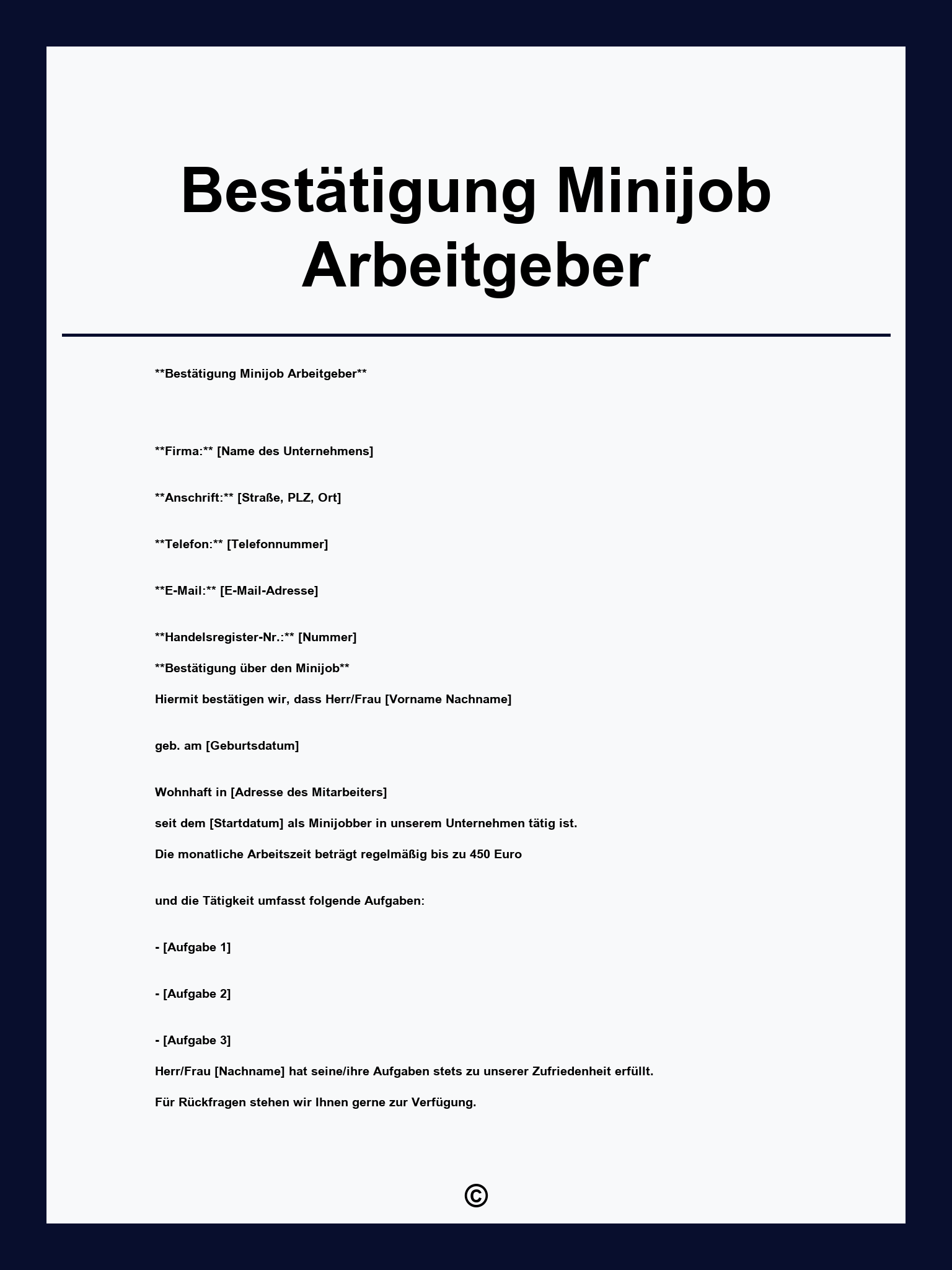 Bestätigung Minijob Vorlage Arbeitgeber