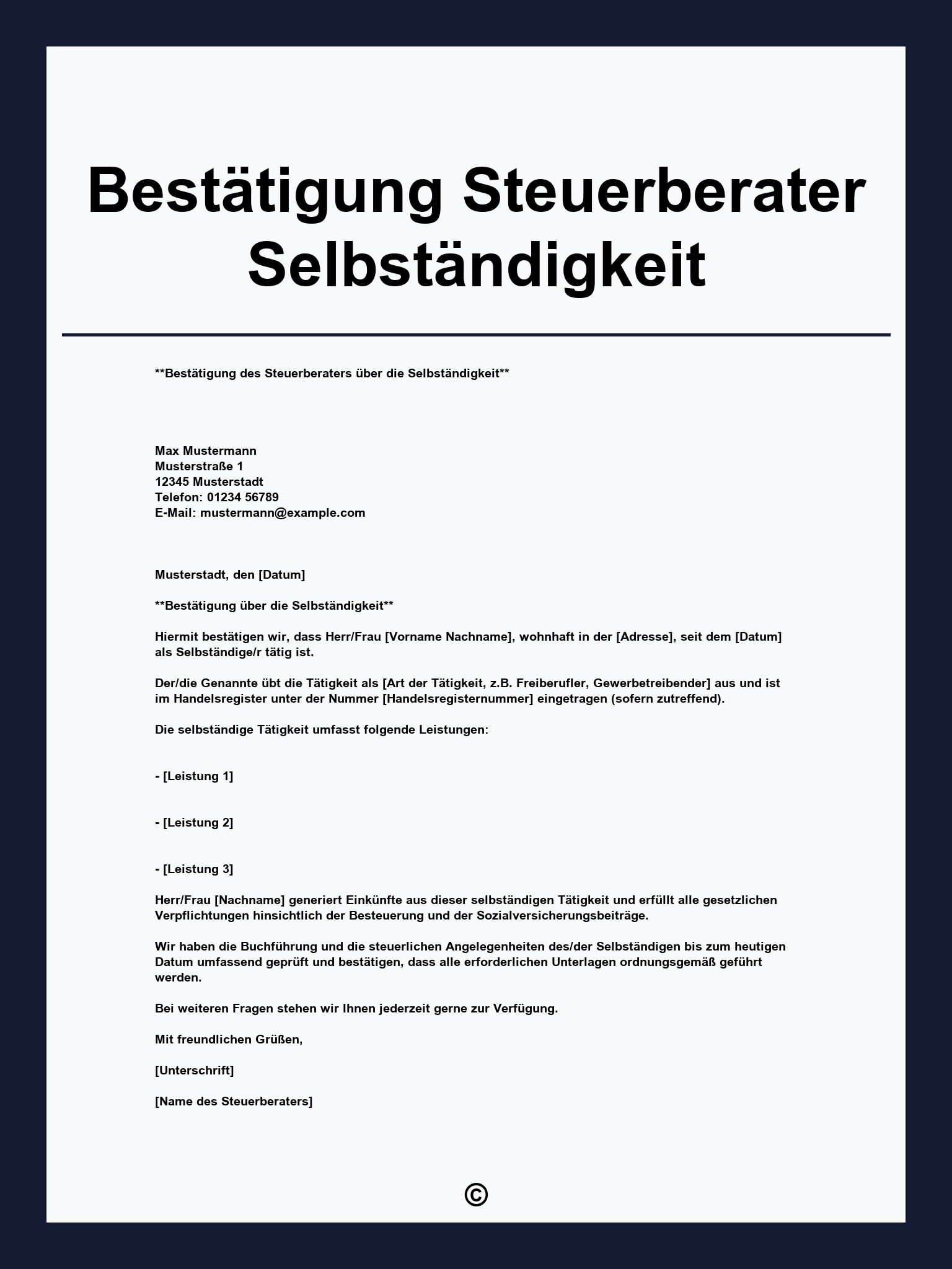 Bestätigung Steuerberater Selbständigkeit