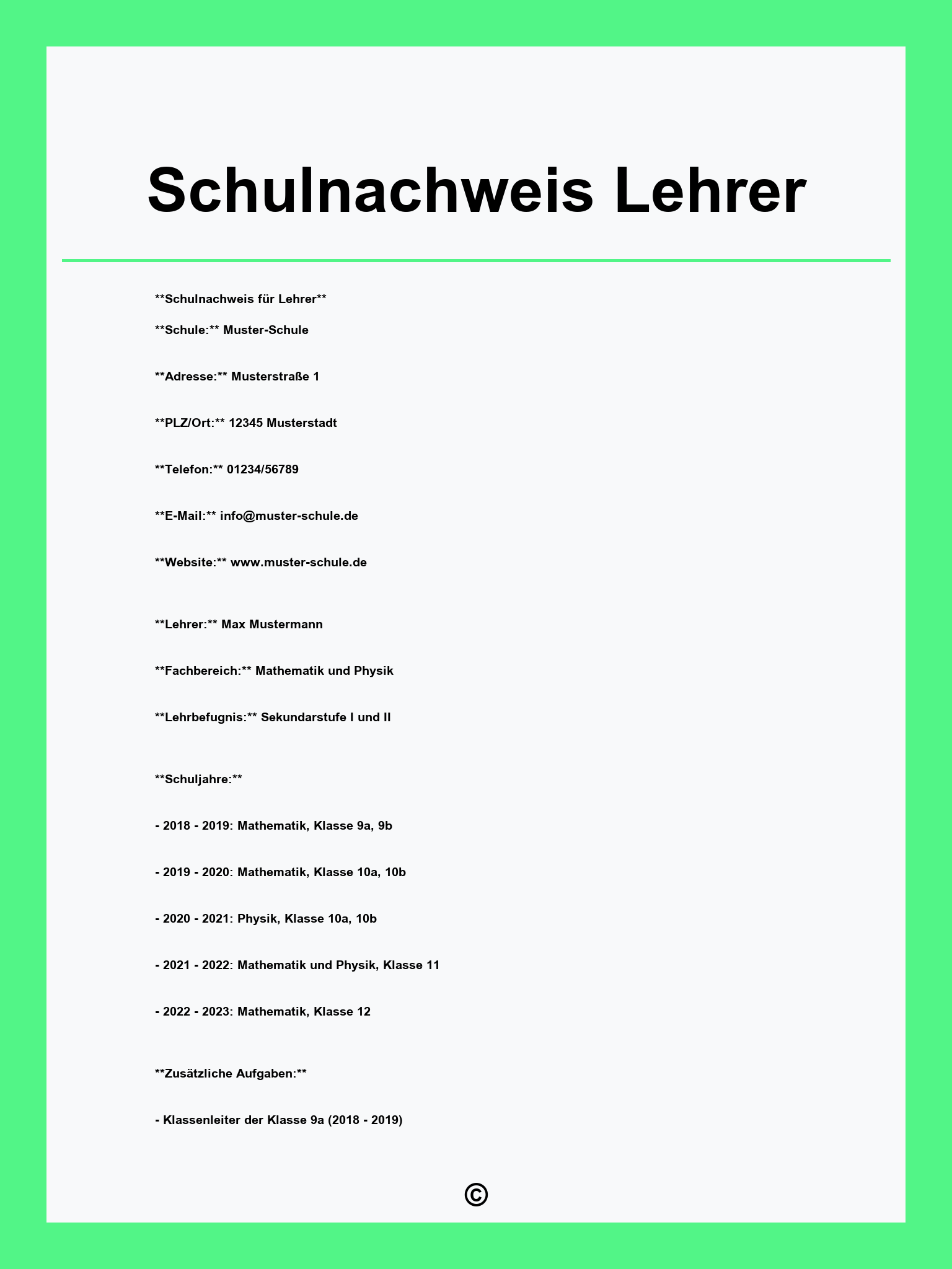 Schulnachweis Lehrer Vorlage