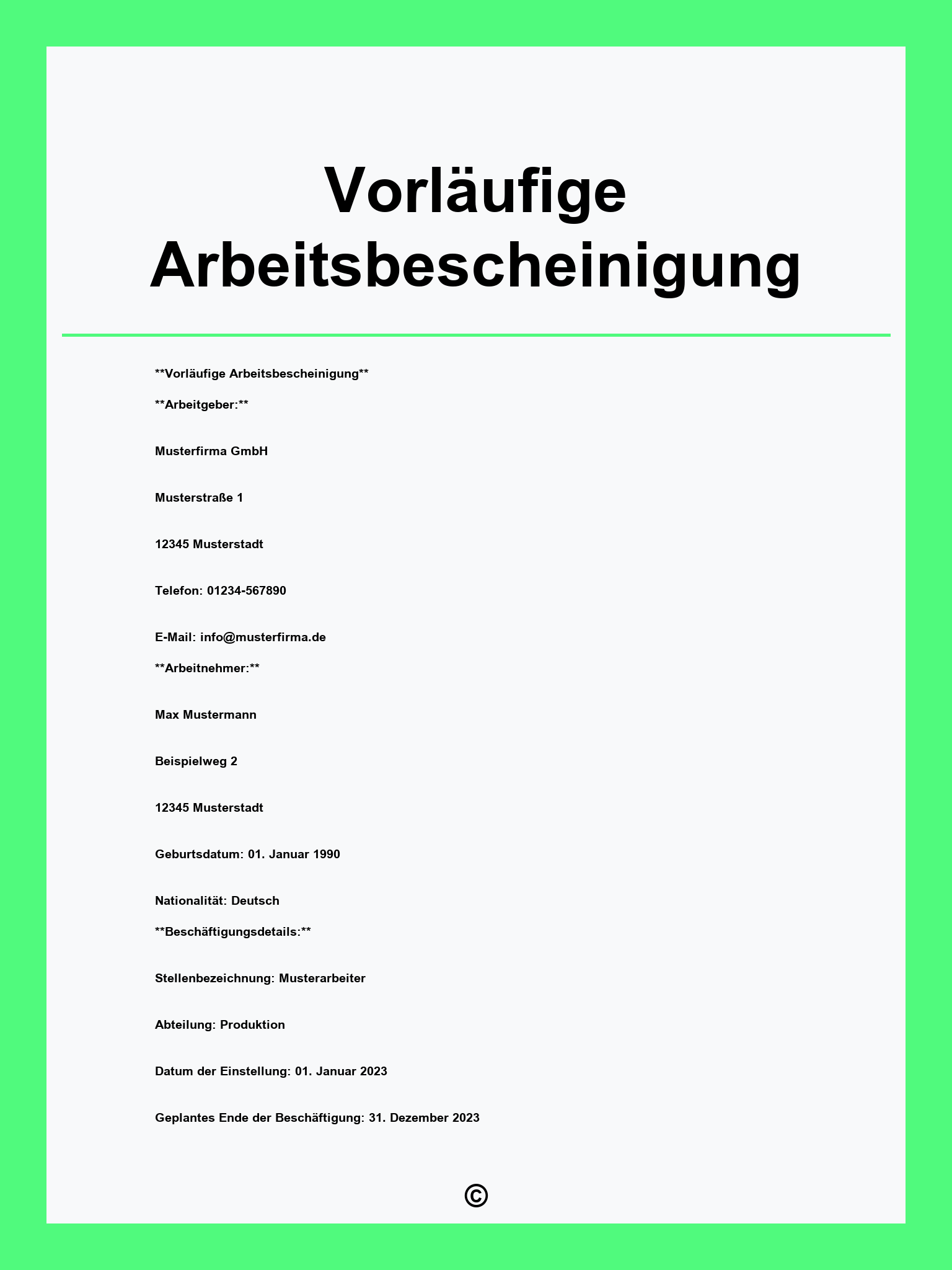 Vorläufige Arbeitsbescheinigung